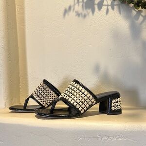 Tory Burch Black and Cream Mules with Wicker Detailing